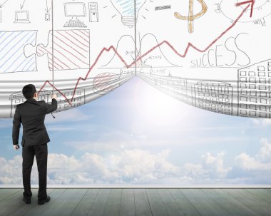 Man pulling open business doodles curtain discovered sun sky clo