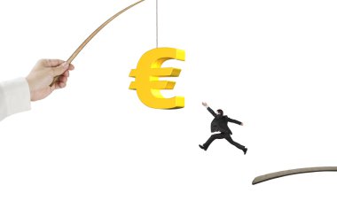 Man jumping golden euro symbol fishing lure isolated on white