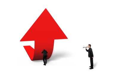 Boss yelling at staff pushing red trend 3D arrow upward
