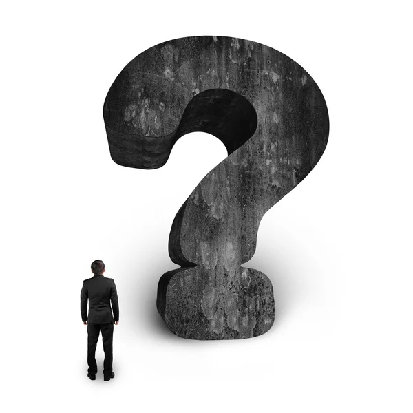 Man looking at huge 3D concrete question mark white background — Stok fotoğraf