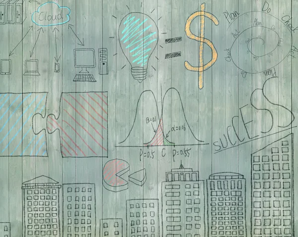 Business concept doodles on old green wooden wall — ストック写真