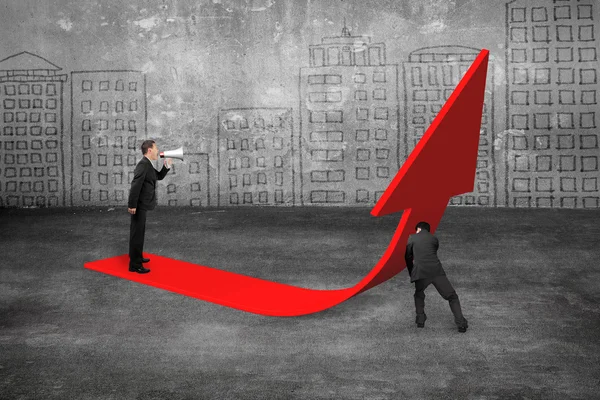 Manager yelling at businessman pushing red trend 3D arrow upward