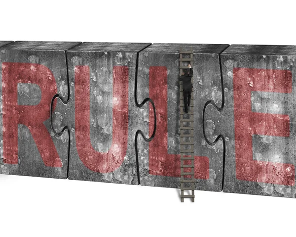 Man climbing ladder puzzles concrete wall red rule word — Stockfoto