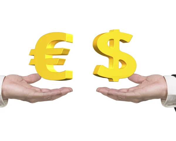 Dollar sign Euro symbol on hands foreign exchange concepts — Stok fotoğraf