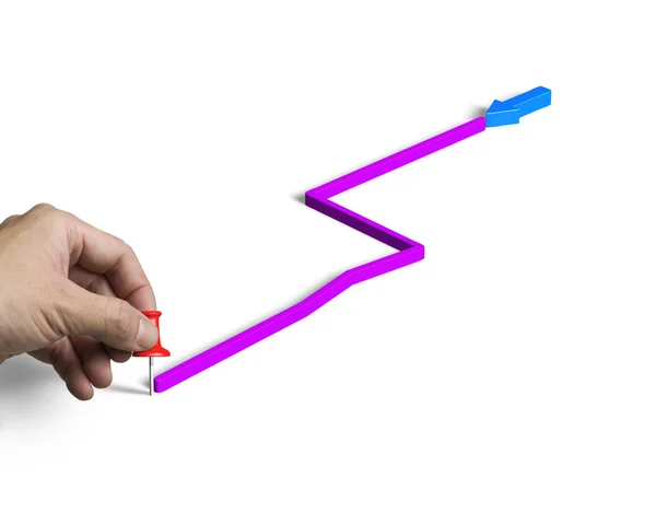 Arrow sign line route with pushpin hand holding — Stock Photo, Image