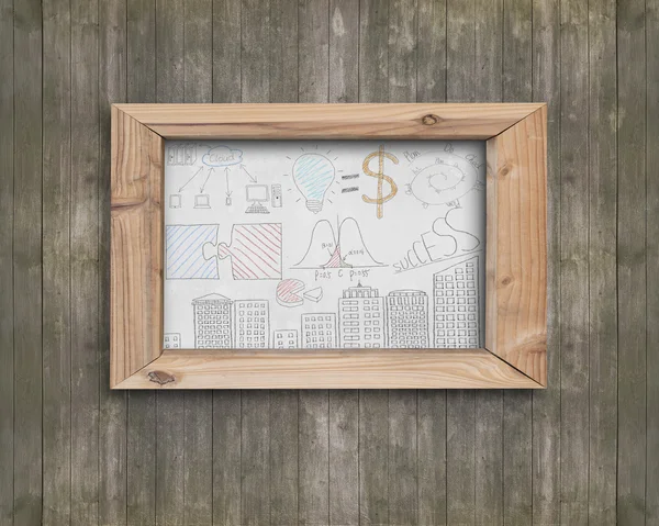 Whiteboard Holzrahmen mit Geschäftskonzepten Doodles braun woo — Stockfoto