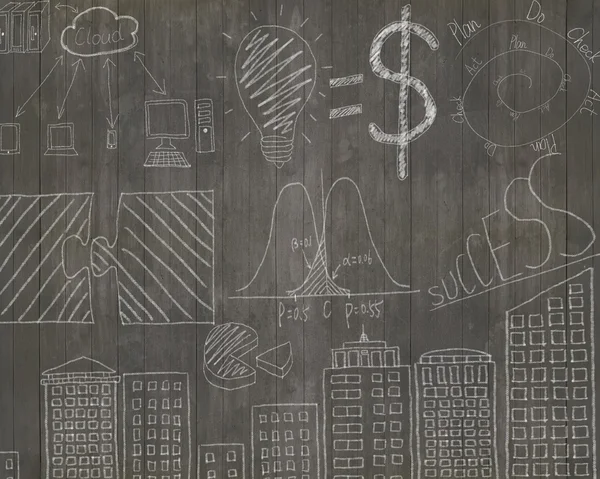 Business concepts doodles on dark brown wooden wall — Stock Photo, Image