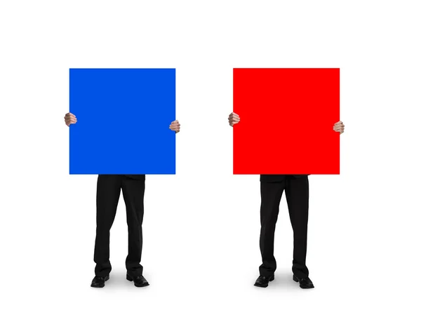 One man holding blue board another holding red board — Stock Photo, Image