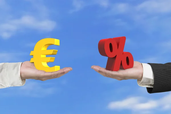 Euro symbool en percentage teken met twee handen — Stockfoto