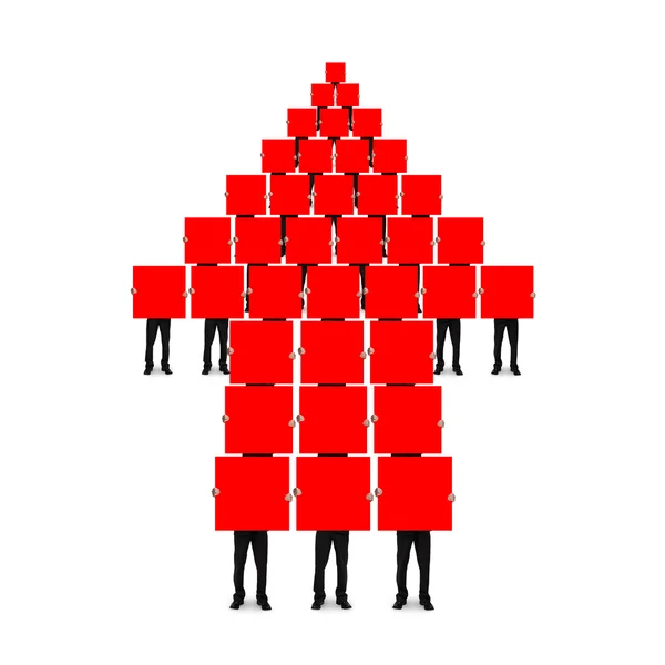 Flecha roja hasta la forma compuesta de tablas que sostienen los hombres —  Fotos de Stock