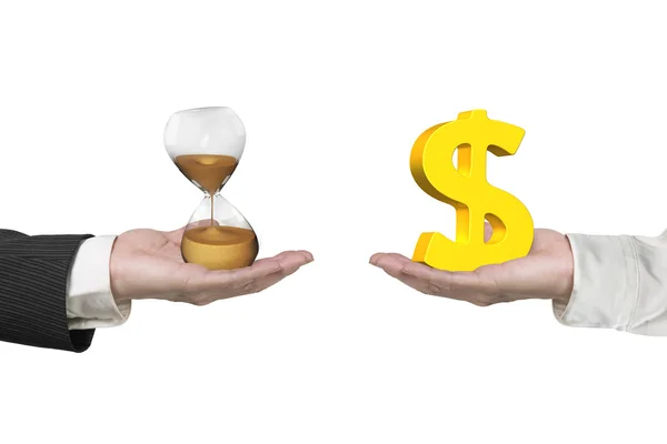 Dollar sign and hour glass with two hands — Zdjęcie stockowe