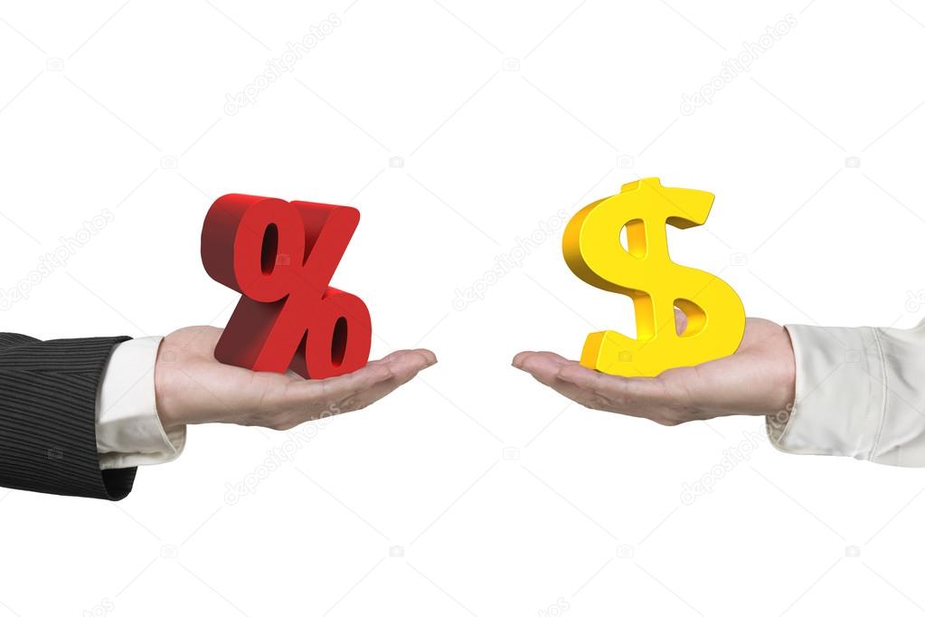 Dollar symbol and percentage sign with two hands