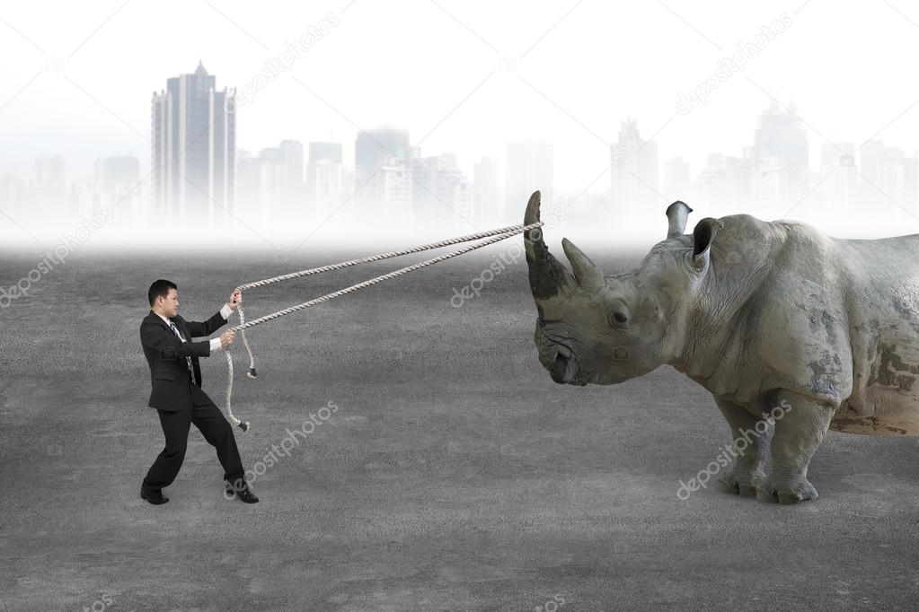 Businessman pulling rope against rhinoceros on concrete floor