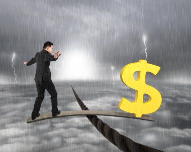 Businessman and dollar sign on wood board balancing on wire