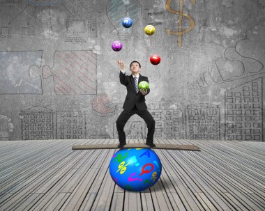 Businessman balancing on sphere juggling with currency symbol ba