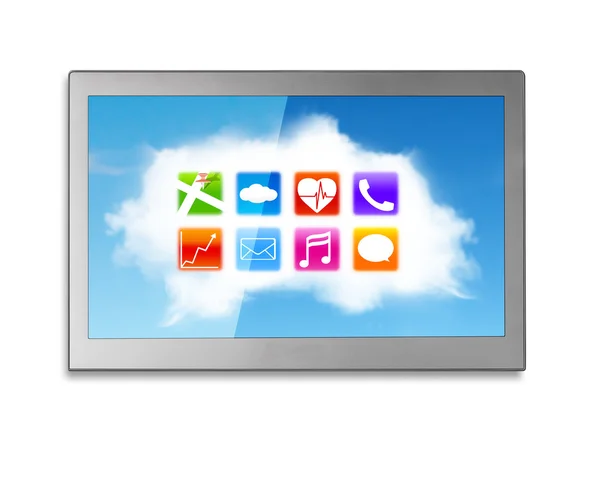 Wide TV screen with white clouds colorful app icons — Stock fotografie