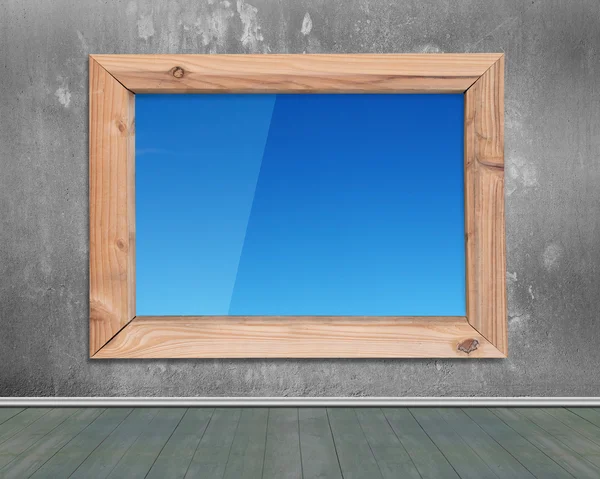 Wooden frame window with view of blue sky — Stockfoto