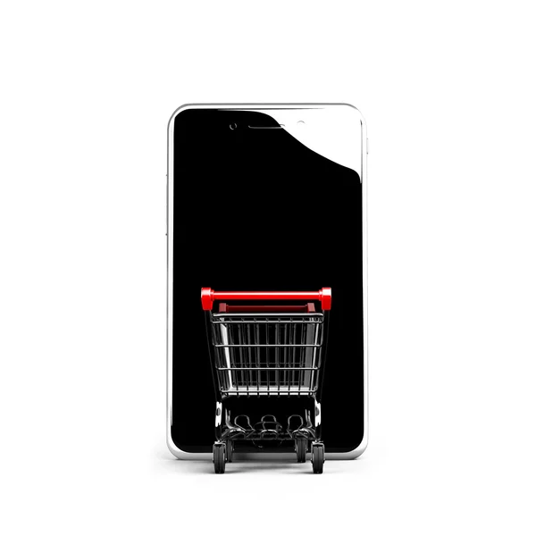购物车进入智能手机与黑色玻璃 touchscree — 图库照片