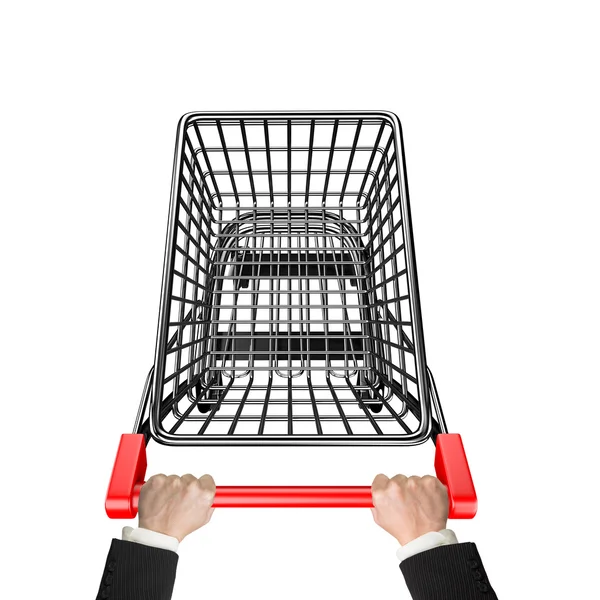 Hands pushing 3D empty shopping cart high angle view — Stock Photo, Image