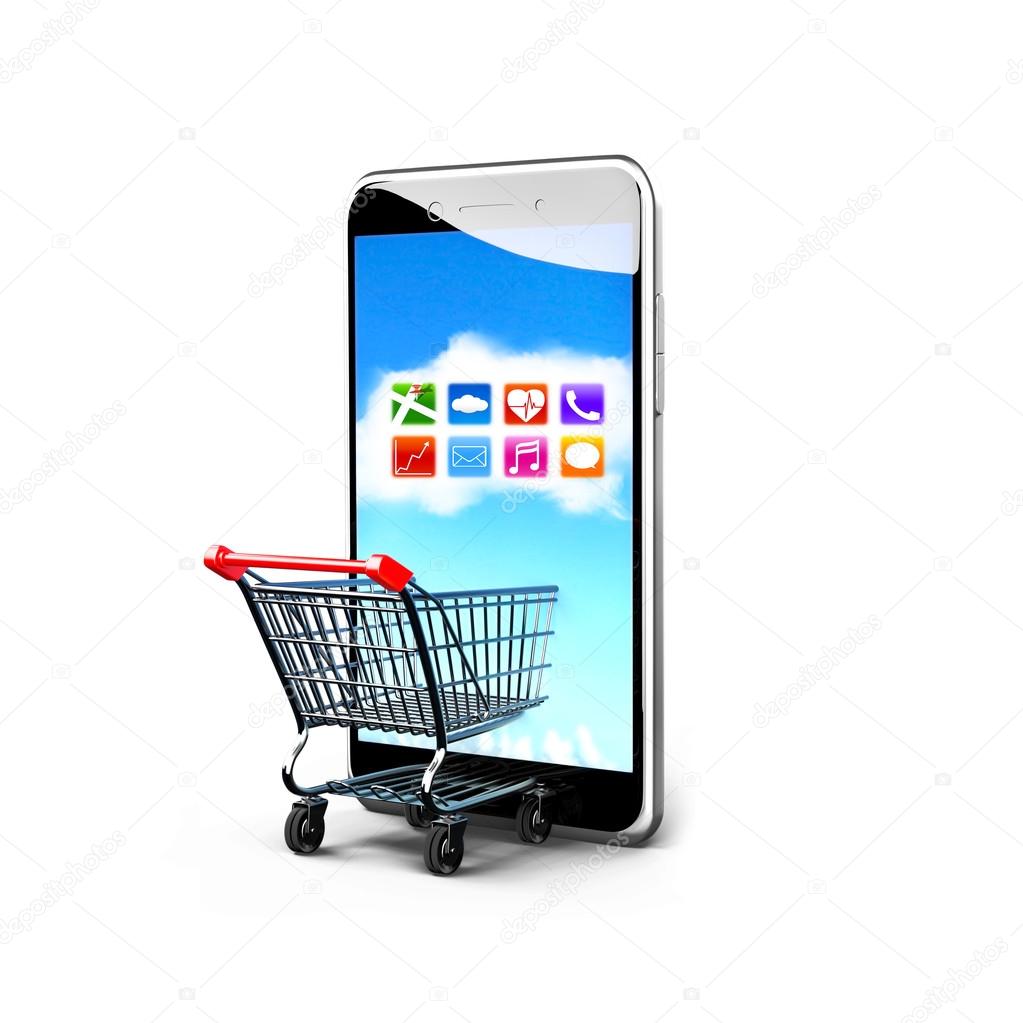 Shopping cart and smart phone with colorful app icons touchscree