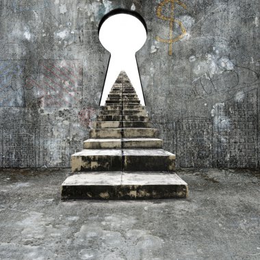 Keyhole doodles wall with dirty stairs blank white view