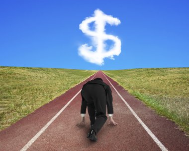 İşadamı dolar işareti doğru koşu parkuru yarışa hazır