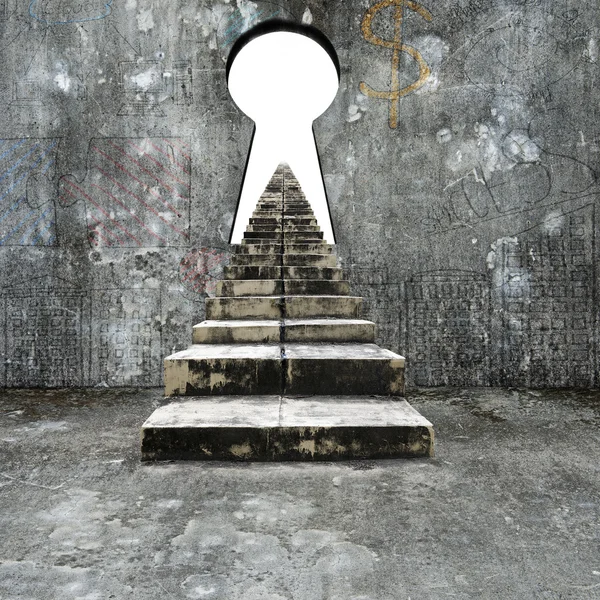 Keyhole doodles wall with dirty stairs blank white view — Stockfoto