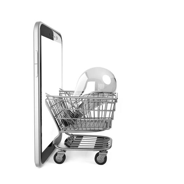 Alışveriş sepeti ile akıllı telefon görünen ampul — Stok fotoğraf