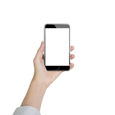 Woman hand holding smart phone with blank white touchscreen
