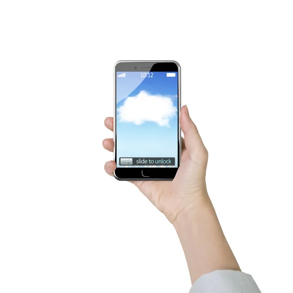 Mano femminile che tiene lo smartphone con applicazione cloud bianca — Foto Stock