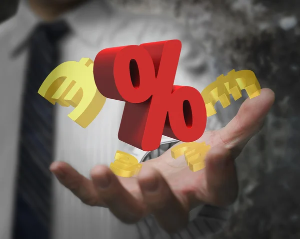 Businessman hand showing red percentage sign with golden euro si — Stock Fotó