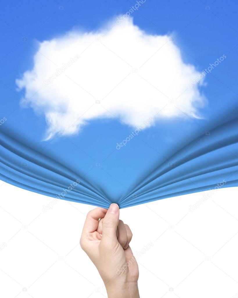 Woman hand pulling white cloud blue curtain