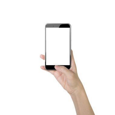 Woman hand holding smart phone with thumb pushing button