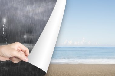 Woman hand open calm beach page replace stormy ocean clipart