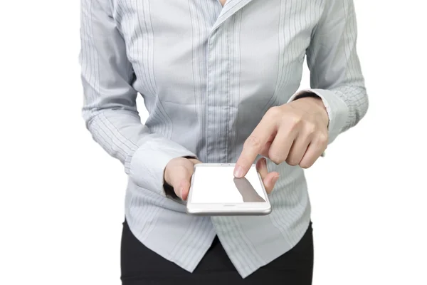 Woman using smart phone finger touching screen — ストック写真