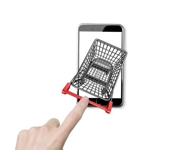 Woman forefinger pushing shopping cart on smartphone of white sc — 图库照片
