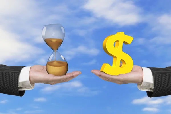 Dollar sign and hour glass with two hands — Φωτογραφία Αρχείου