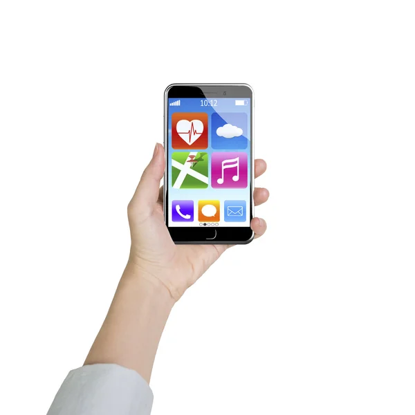 Female hand holding smartphone with app icons — Stock Fotó