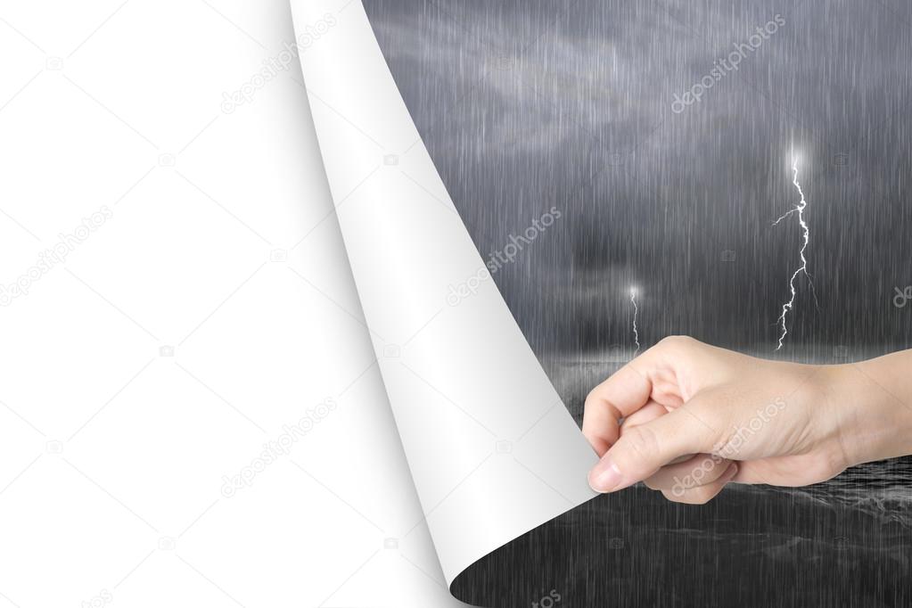 Woman hand open blank white page replace stormy ocean