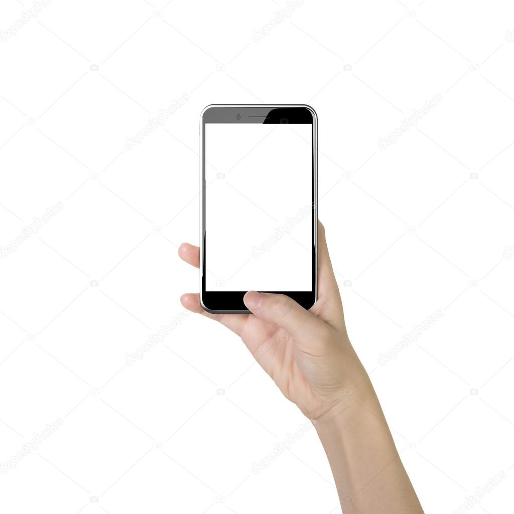 Woman hand holding smart phone with thumb pushing button