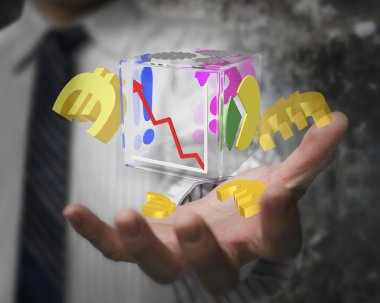 Businessman hand showing glass transparent cube euro symbols