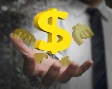 Dolar işareti euro simgeleriyle gösterilen işadamı el