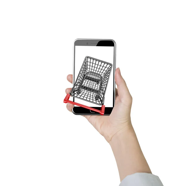 Woman hand holding smartphone with shopping cart on white screen — 图库照片