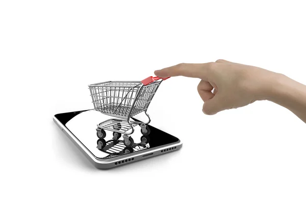 Woman forefinger pushing shopping cart on smartphone of white sc — 스톡 사진