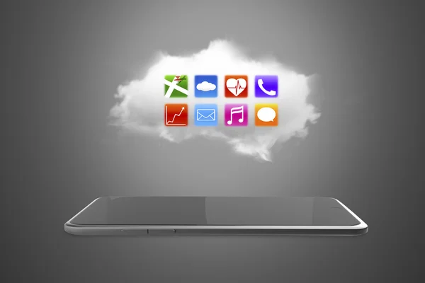 App icons on white cloud with smart tablet — Zdjęcie stockowe