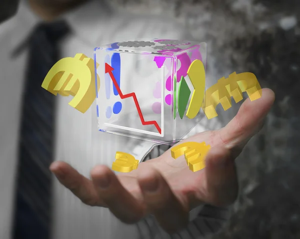 Businessman hand showing glass transparent cube euro symbols — ストック写真