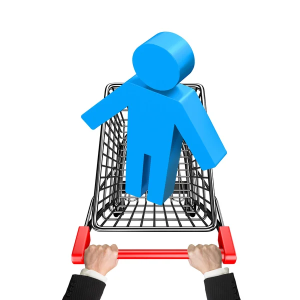 Hands pushing shopping cart with blue 3D man — ストック写真
