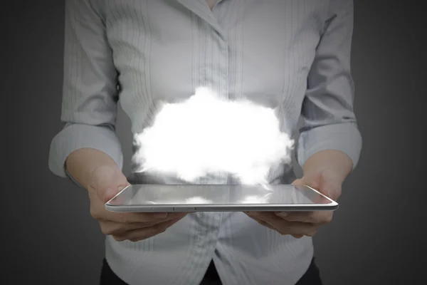 Woman hands holding smart phone with illuminated cloud — Stok fotoğraf