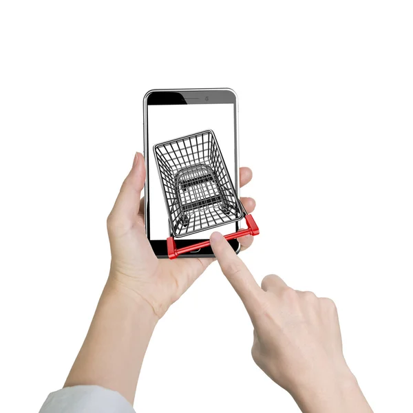 Dedo índice femenino empujando carrito de compras en el teléfono inteligente de s blanco —  Fotos de Stock