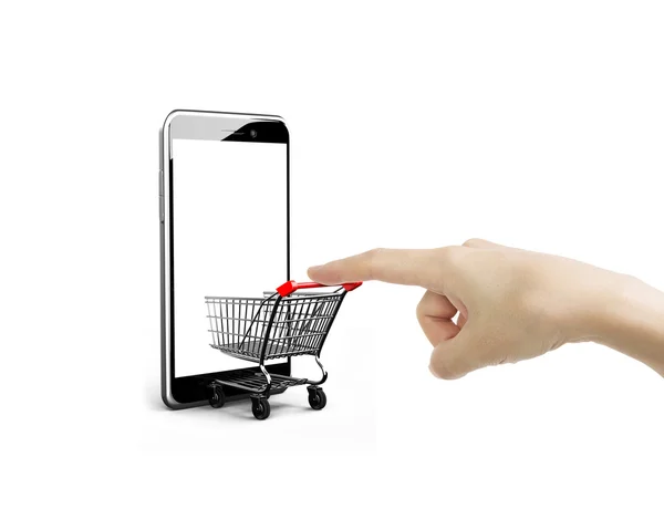 Female forefinger pushing shopping cart entering smartphone of w — Stock Photo, Image